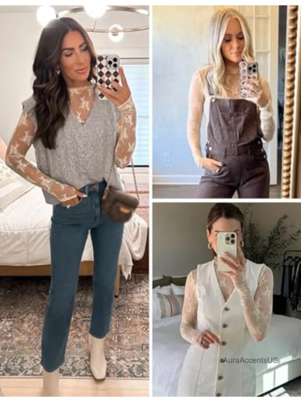 Sheer Mesh Long Sleeve Blouse Mock Neck Lace Top Women Pull-On - Picture 4 of 6
